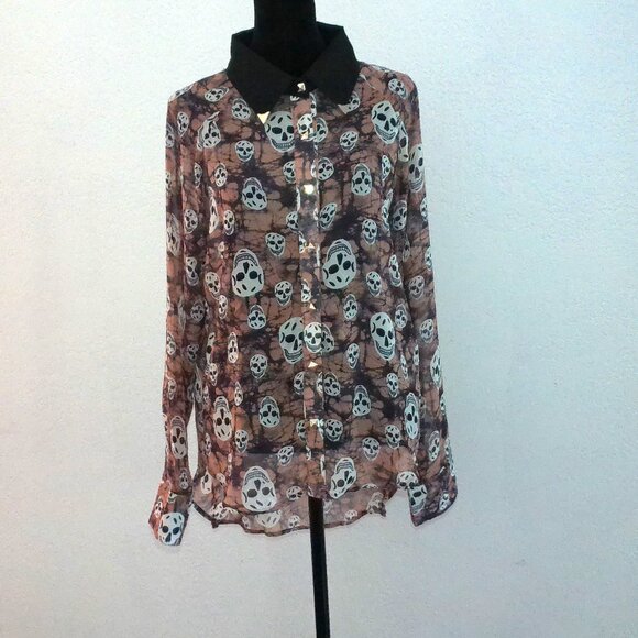 Mona B, Beige skull pattern blouse, with metal studs for buttons, day of dead - Picture 5 of 10